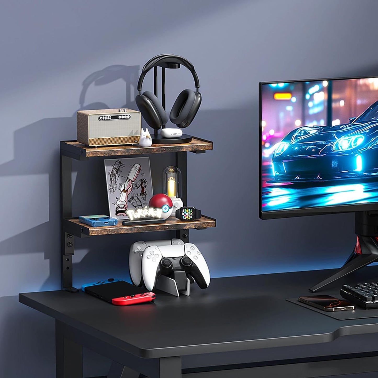 2-Tier Desk Shelf | Desk Organization Expandable Clamp on Desk Shelf Desktop Accessories for Offices and Game Rooms