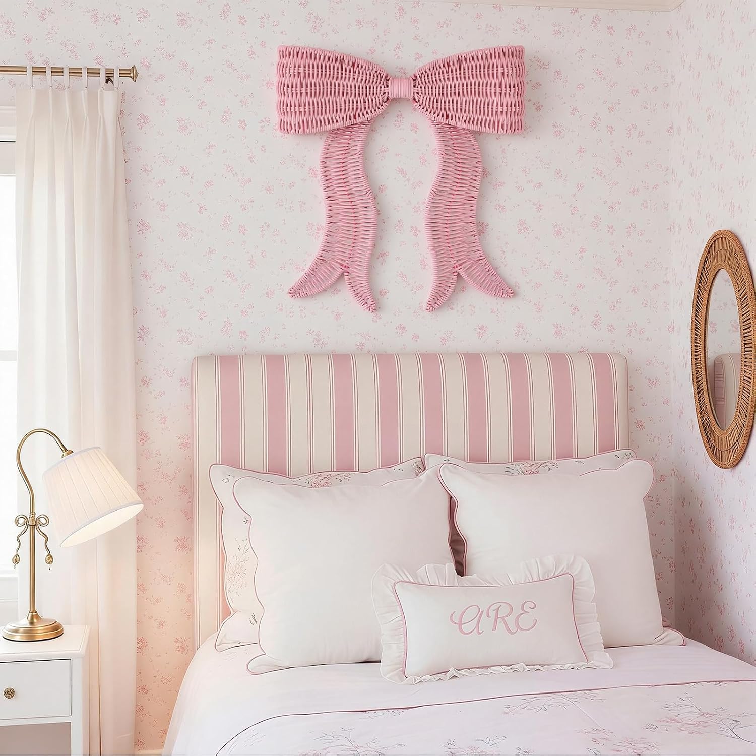 Rattan Bow Wall Decoration Boho Bow Wall Decor Woven Natural Hanging Woven Decor for Nursery / Pink