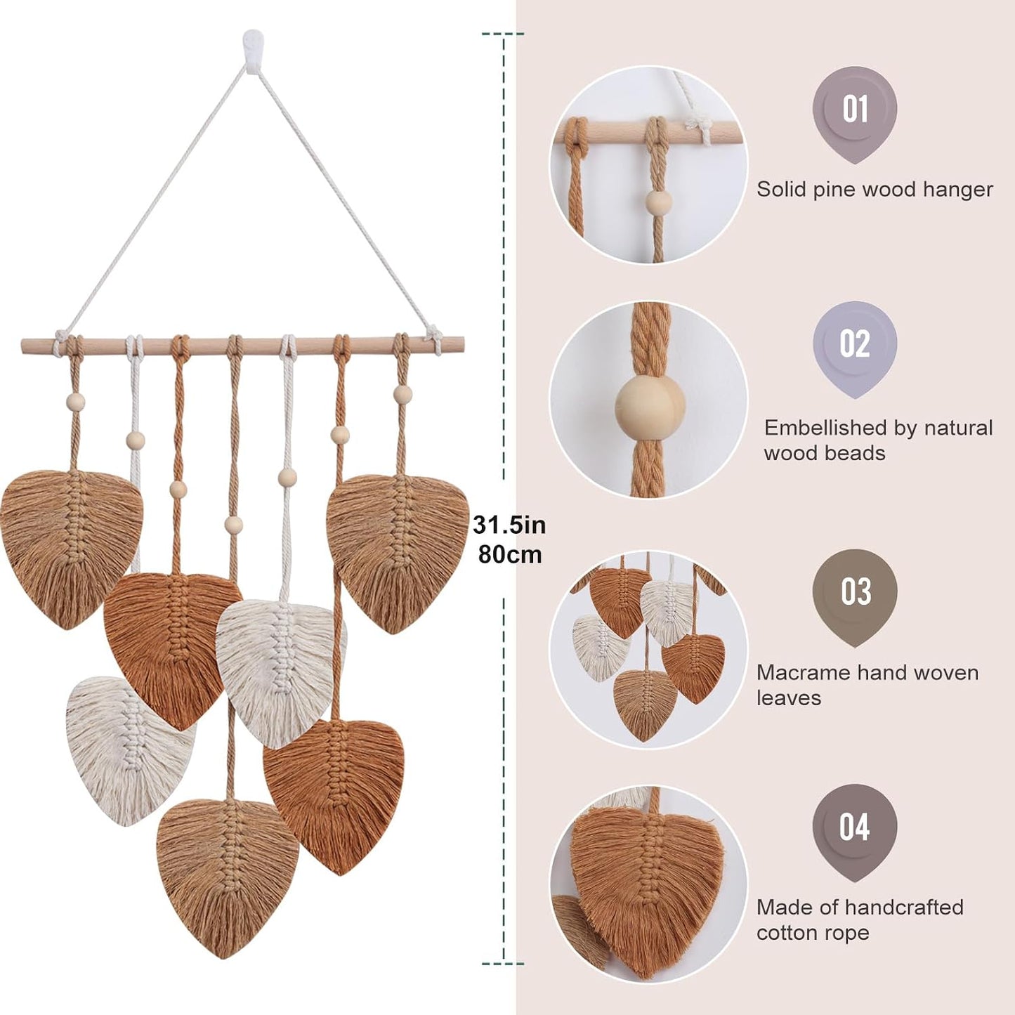 Boho Wall Decor Woven Feather Handmade Yarn Tassels Leaf Macrame Wall Art / Brown