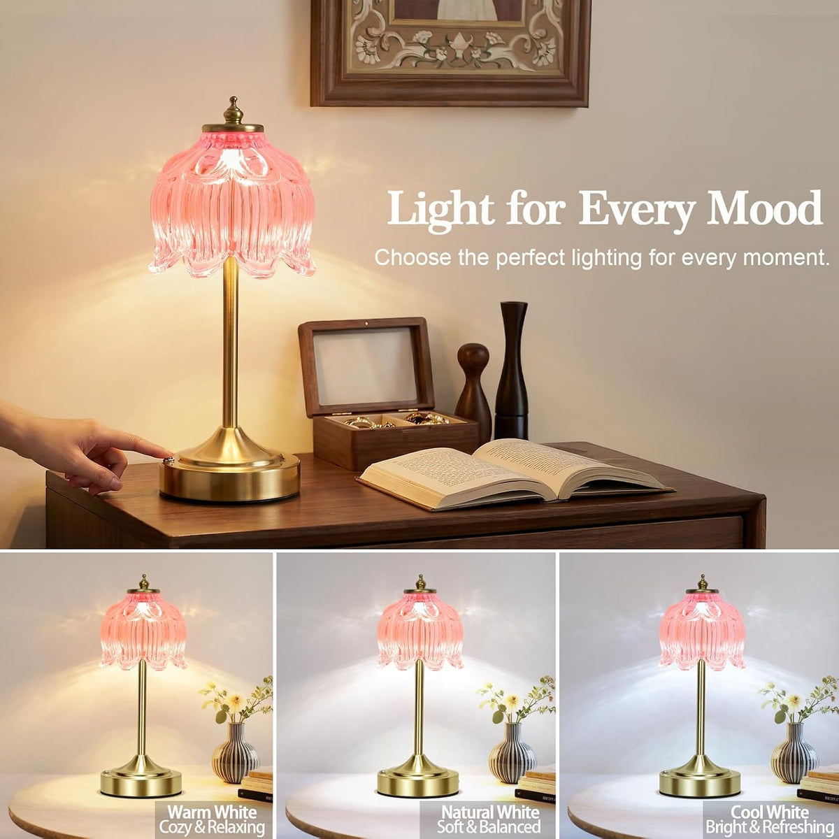 Pink Glass Flower Lamp, Rechargeable Cordless Table Lamp | Amber rechargeable lamp with 5200mAh battery, 3 color modes