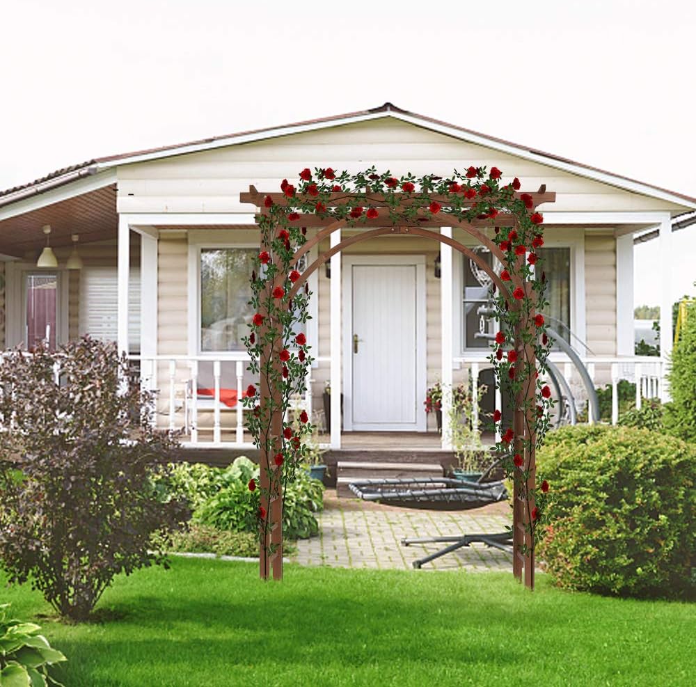 7Ft Dark Brown Wooden Garden Arbor Arch Trellis | Heavy duty wood pergola archway for climbing roses vines, perfect for