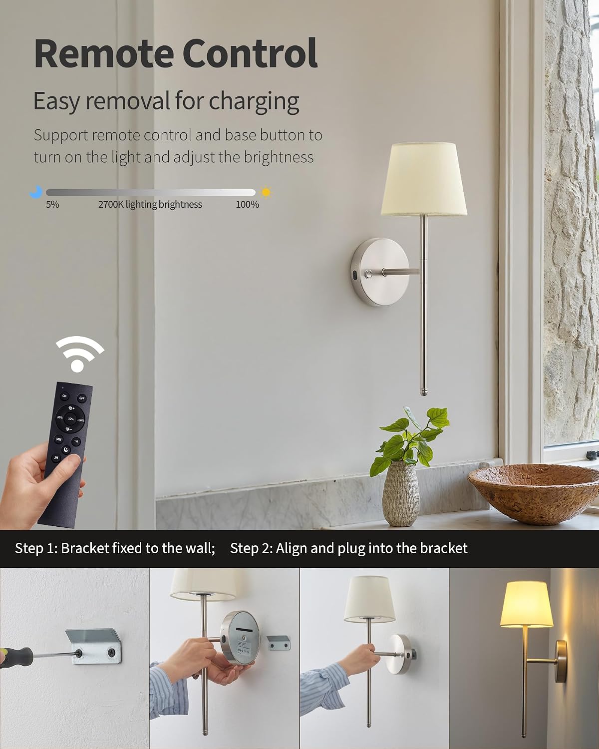 Cordless Small Wall Sconce Set of 2, Nickel Rechargeable Wall Light | Dimmable LED Battery Operated, Fabric Shade Wall