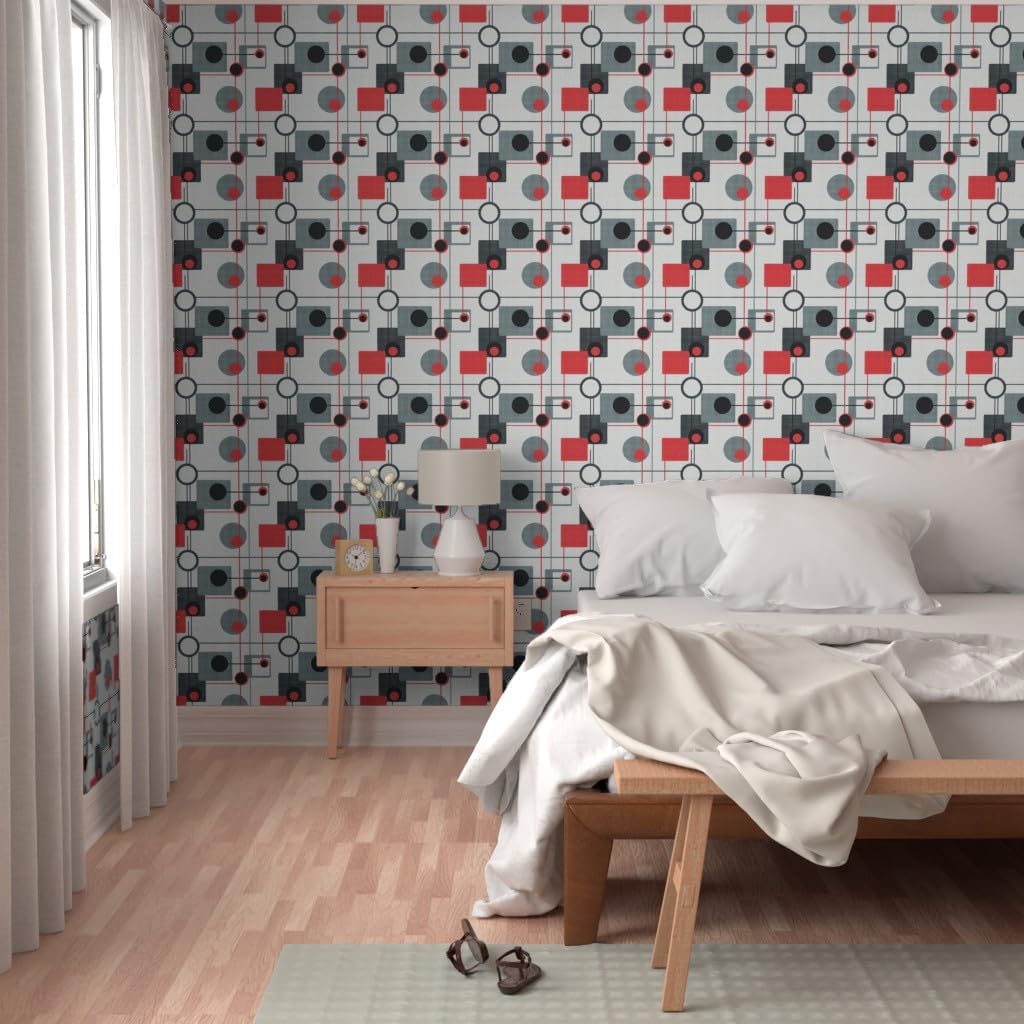 Orbs Squares Black White Vintage Retro Grey Modern Custom Removable Wallpaper / 24 x 72 / Roll / Red
