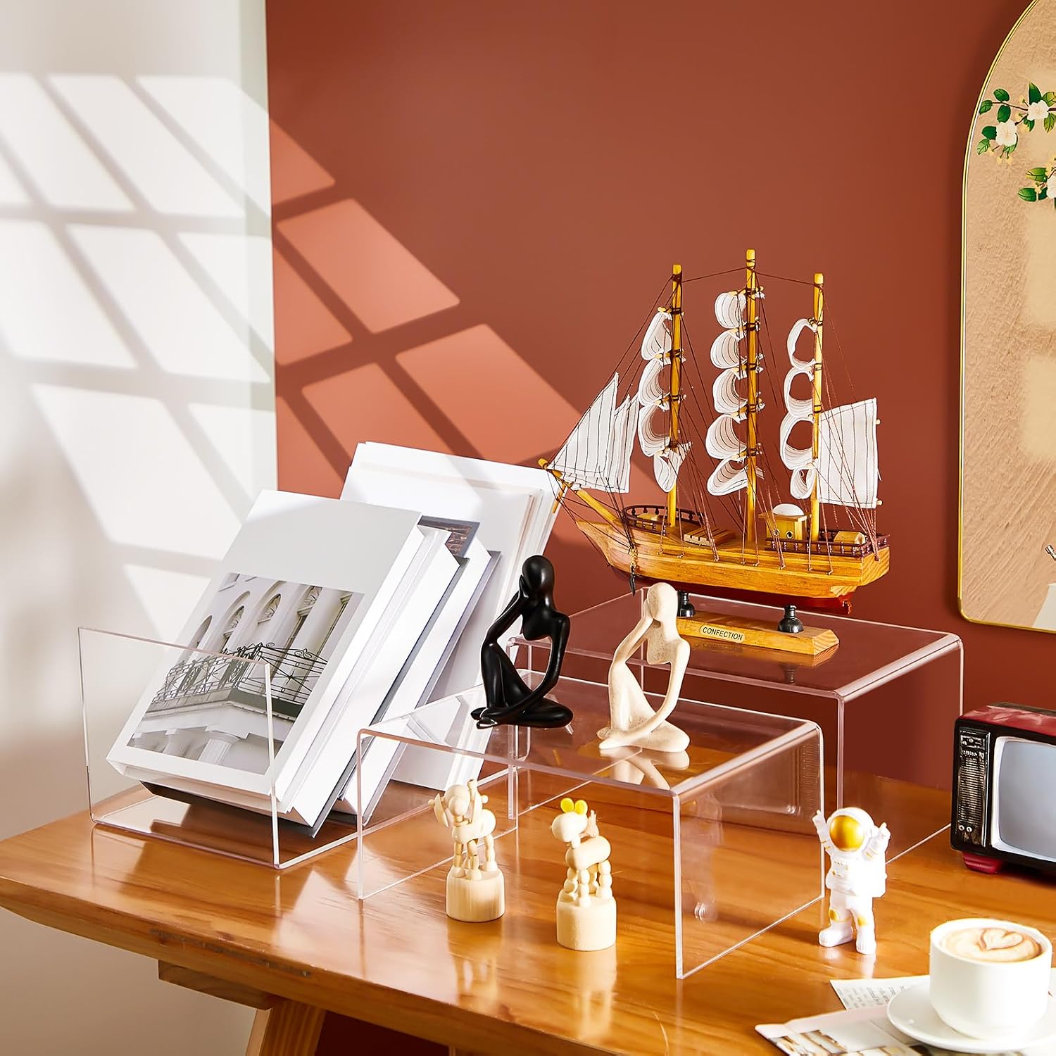 RattanView 3 Pcs Extra Large 13,12,11 Inch Acrylic Display Risers Clear Acrylic Shelf Riser Display Stands 5 mm Thick