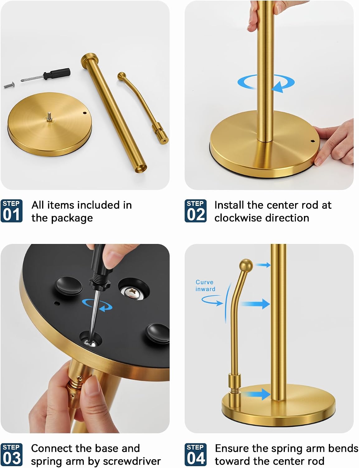 SMARTAKE Paper Towel Holder Countertop, Non-Slip Weighted Base, Gold | Freestanding Kitchen Roll Dispenser, Rustproof