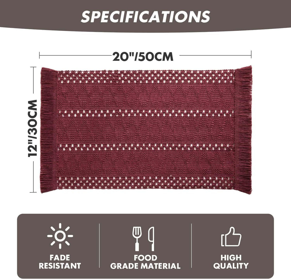 Macrame Style Boho Placemats Set of 6, Burgundy 12x20 Inch | Decorative Farmhouse Table Mats, Natural Cotton Woven