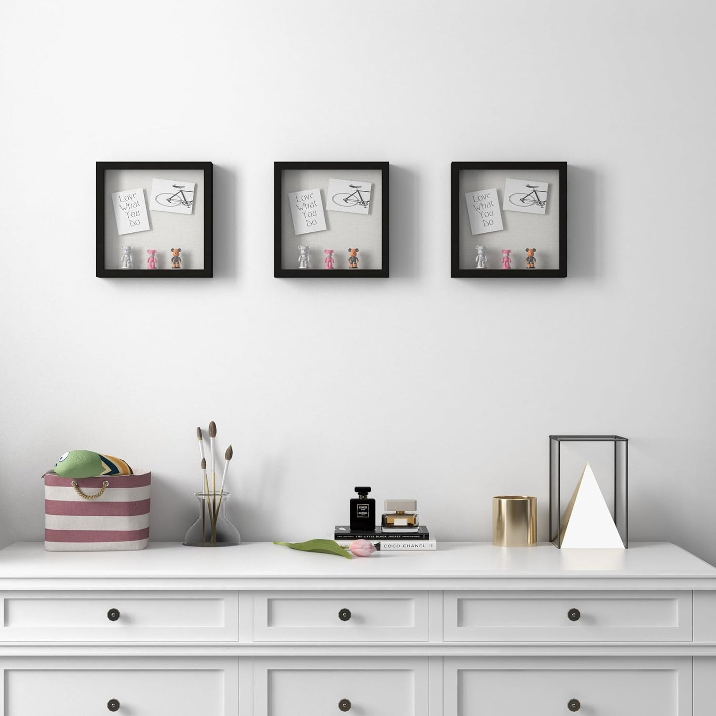 Elegant Deep Wood Shadow Box Frames - Set of 3 Black 10x10 Inch Display Cases with Real Glass and Linen Backboard