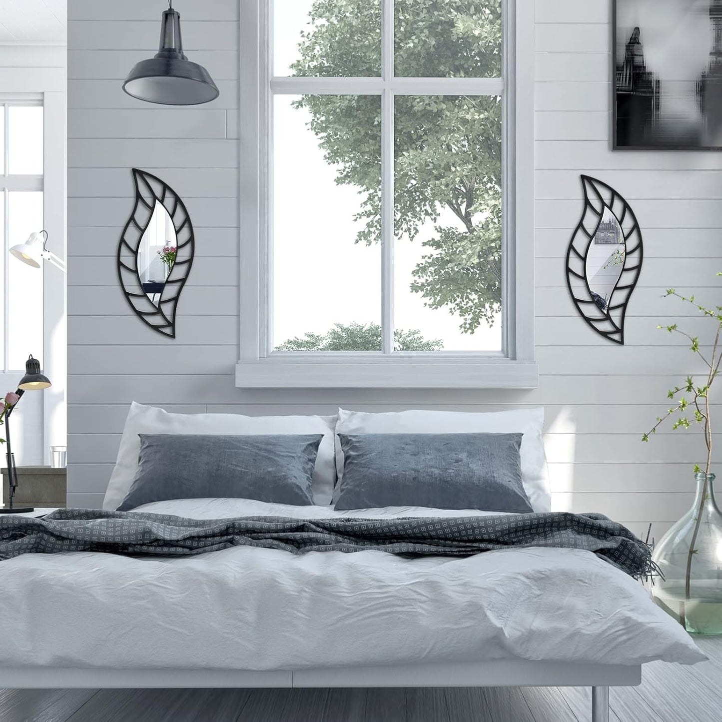 Decorative Mirror Wall Decor Leaf Teardrop Mirror Wall Mounted Decorations / Black / Set of 2