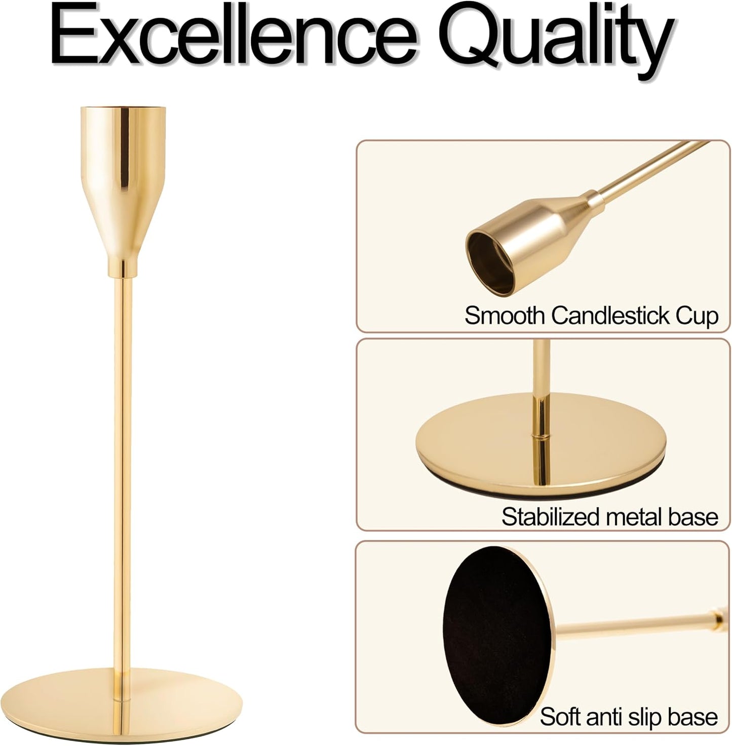 Gold Candlestick Holders, Metal Taper Candle Holders, Set of 6 | Elegant gold candle stands, 3 heights, for wedding