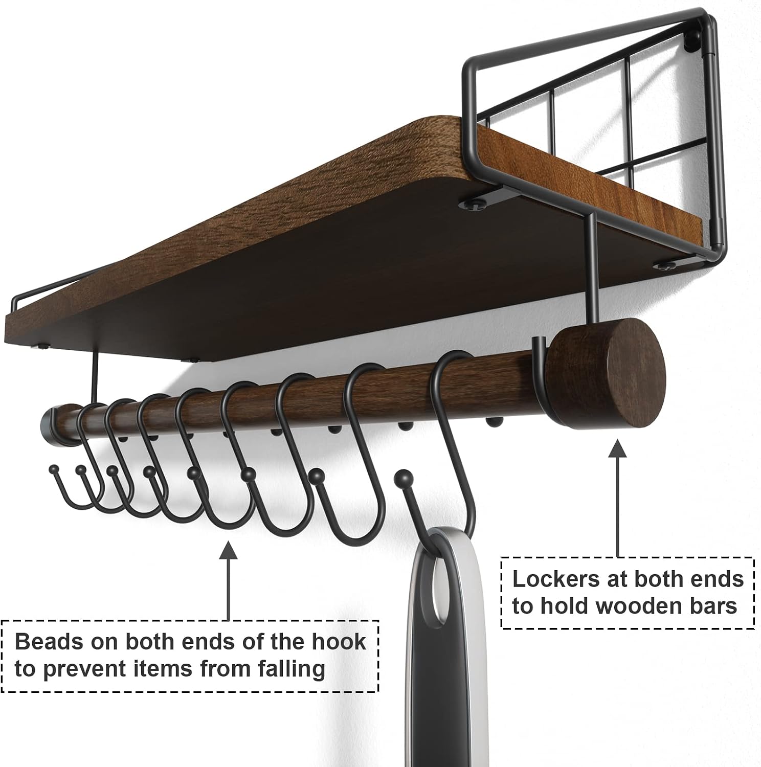 Alsonerbay Floating Shelf Coffee Bar Shelf with Towel Bar, Dark Brown | 8 removable hooks, solid wood, space-saving