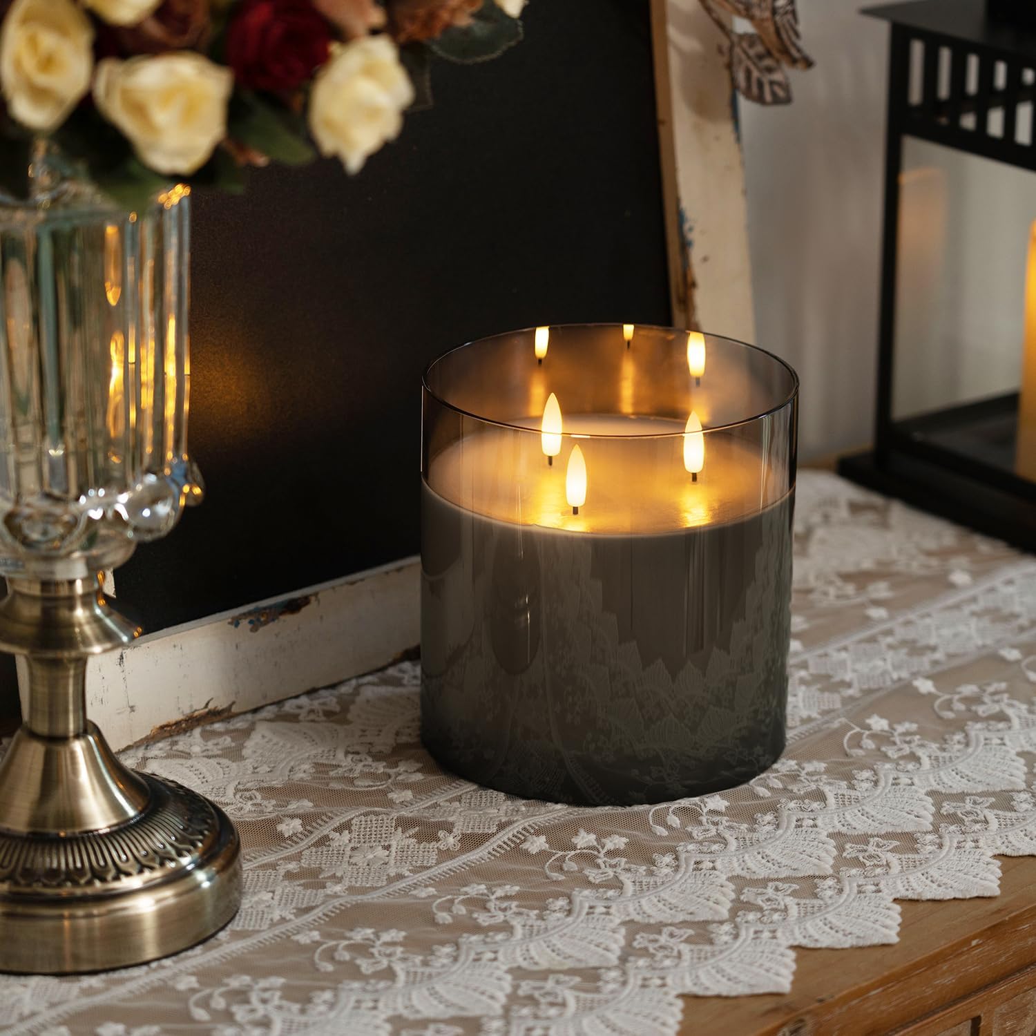 Homemory Grey Large Glass Flameless LED Candle, 3 Wicks, Remote Timer | 6"x6", real wax, battery operated flickering