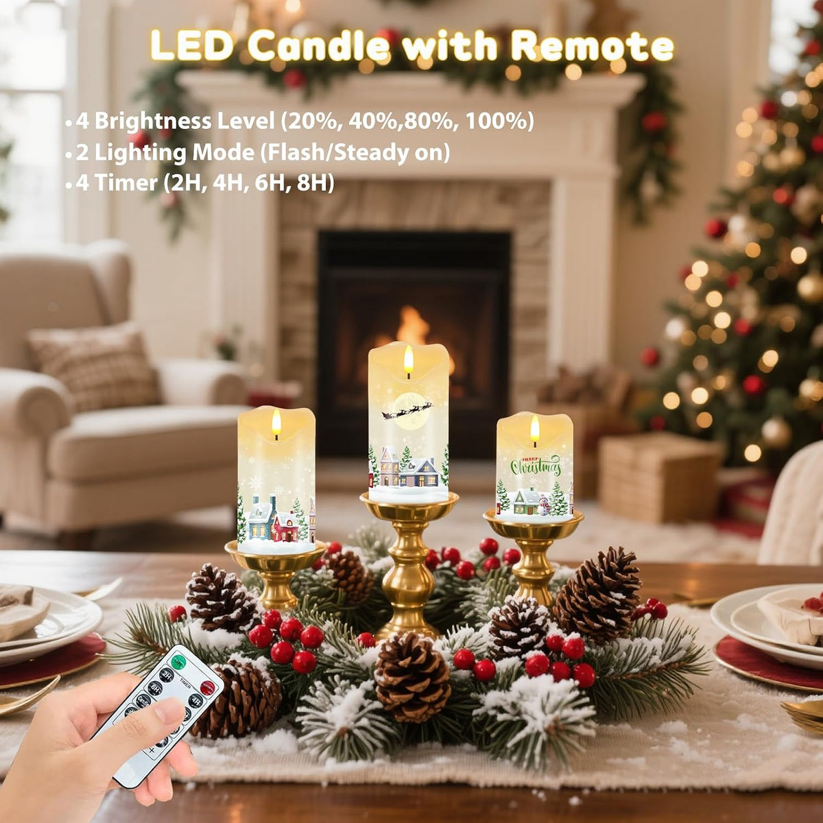 3PC Christmas Flameless Candles, Winter Cabin Candles with Remote & Timer | Flickering Real Wax Pillar Candles Battery