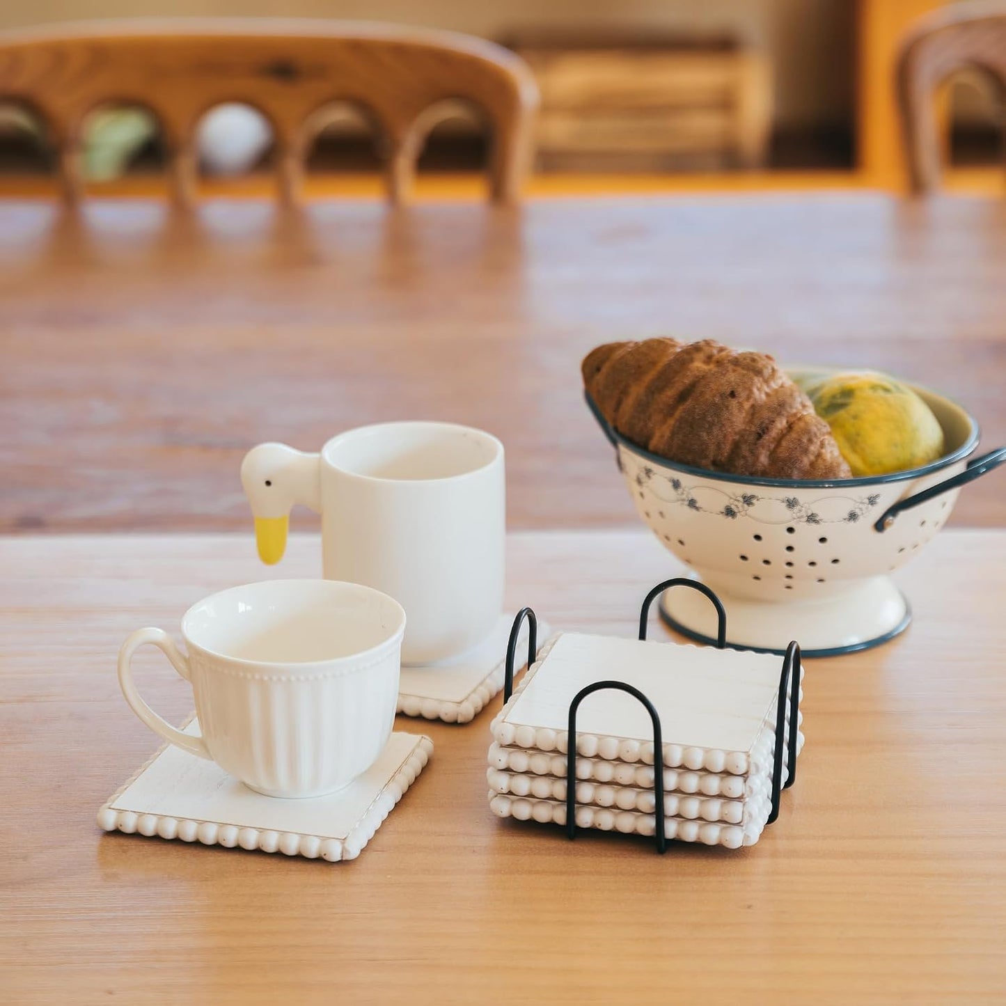 Metal Holder / GENMOUS Farmhouse Wooden Bead Coasters / Square-white / Set of 6