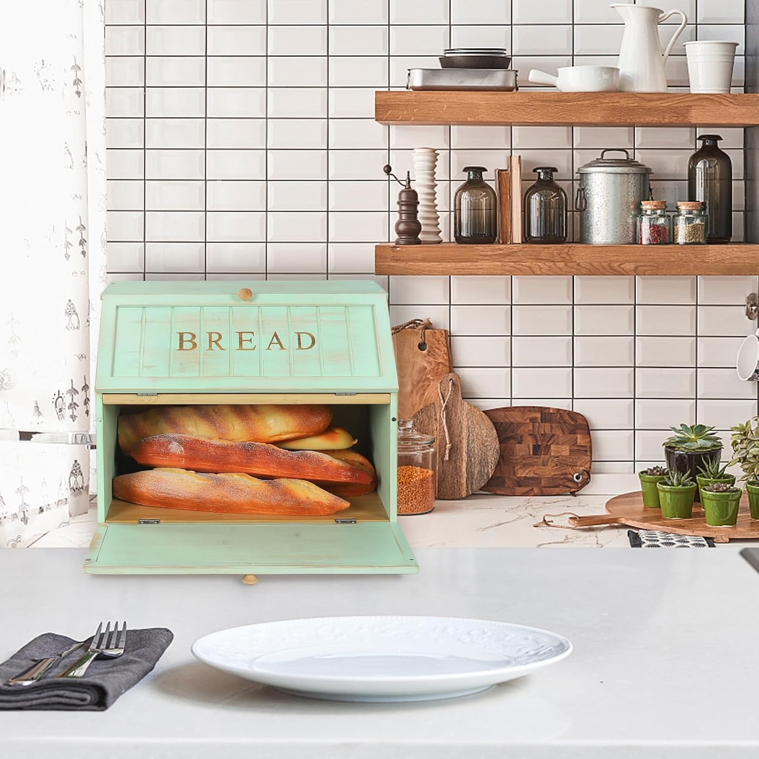 HOMEKOKO Retro Double Layer Large Bread Box for Kitchen Counter, Mint Green | Keeps Bread Fresh 3-4 Days, 2-Tier