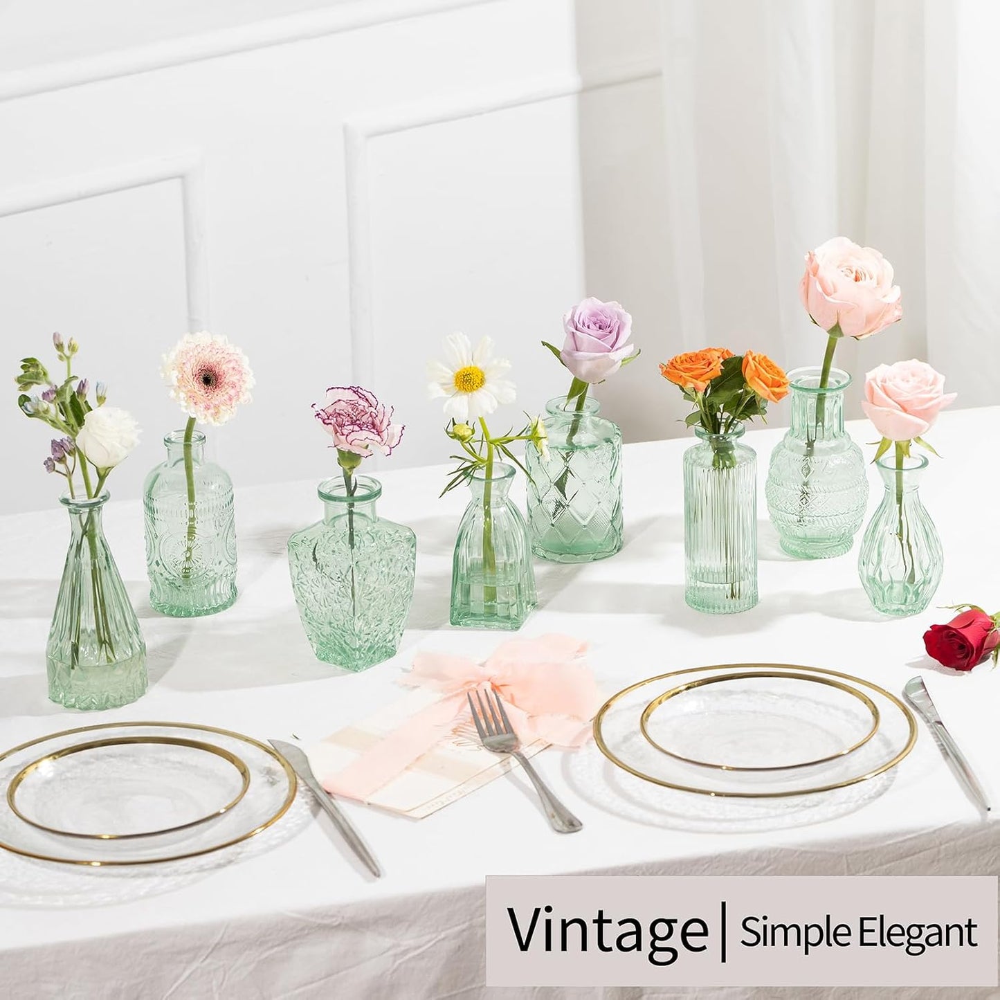 Vintage Small Glass Vases / Sage Green / Set of 10