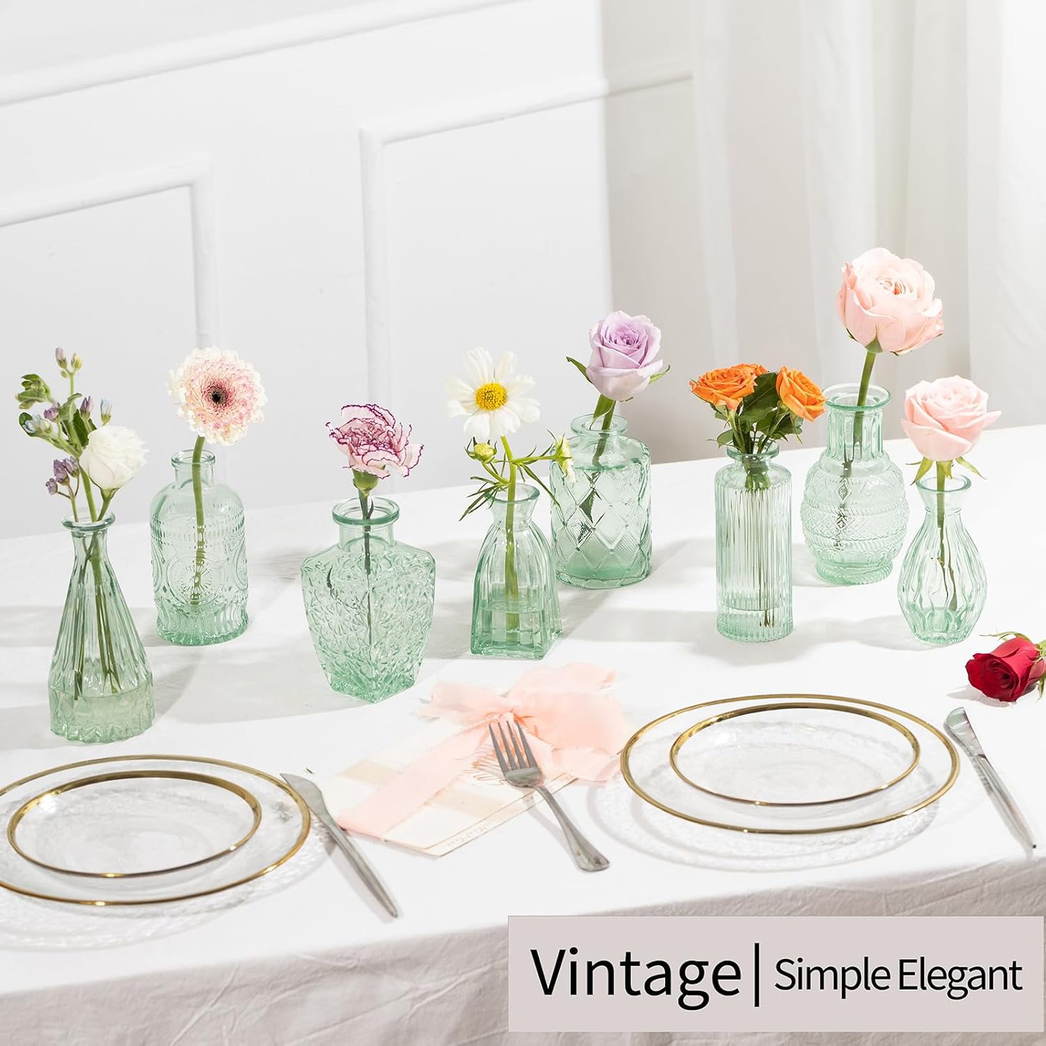 Vintage Small Glass Vases / Sage Green / Set of 10