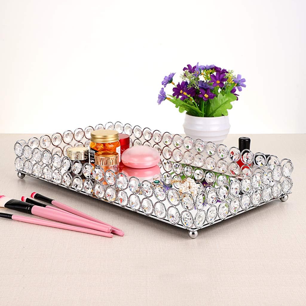 Crystal Cosmetic Vanity Tray / 13.8 x 7.9 x 2 / Silver