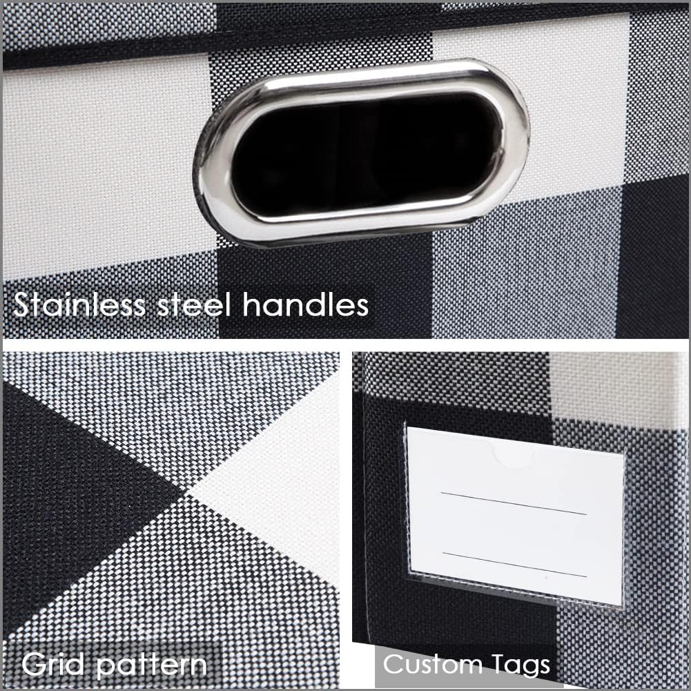 Large Collapsible Storage Bins / Black and White Grid / L / Set of 3
