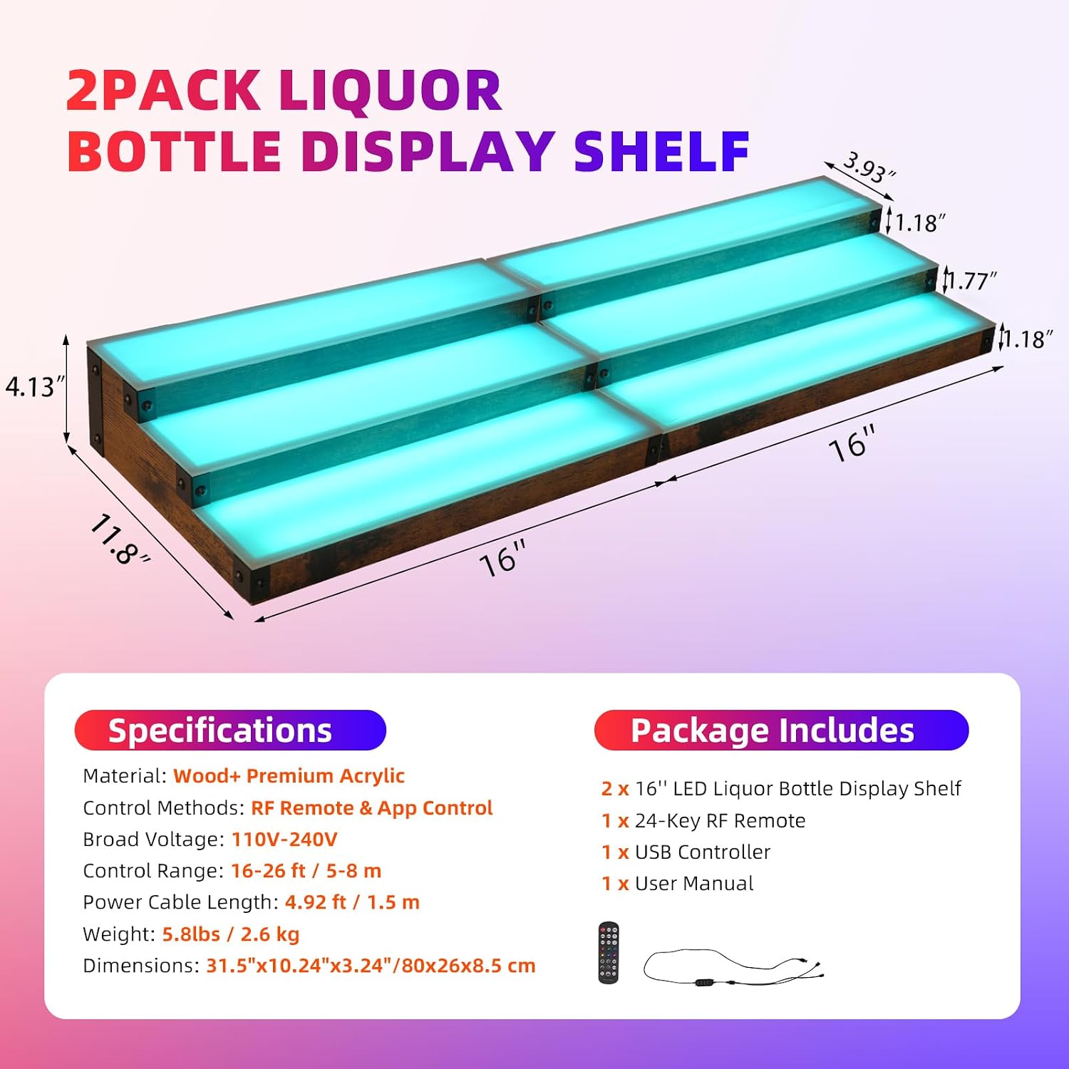 2-Pack 16‘’ LED Lighted Liquor Display, 3-Tier 32Inch Total Bar Shelves for Liquor Bottle, Illuminated Home Bar Shelf
