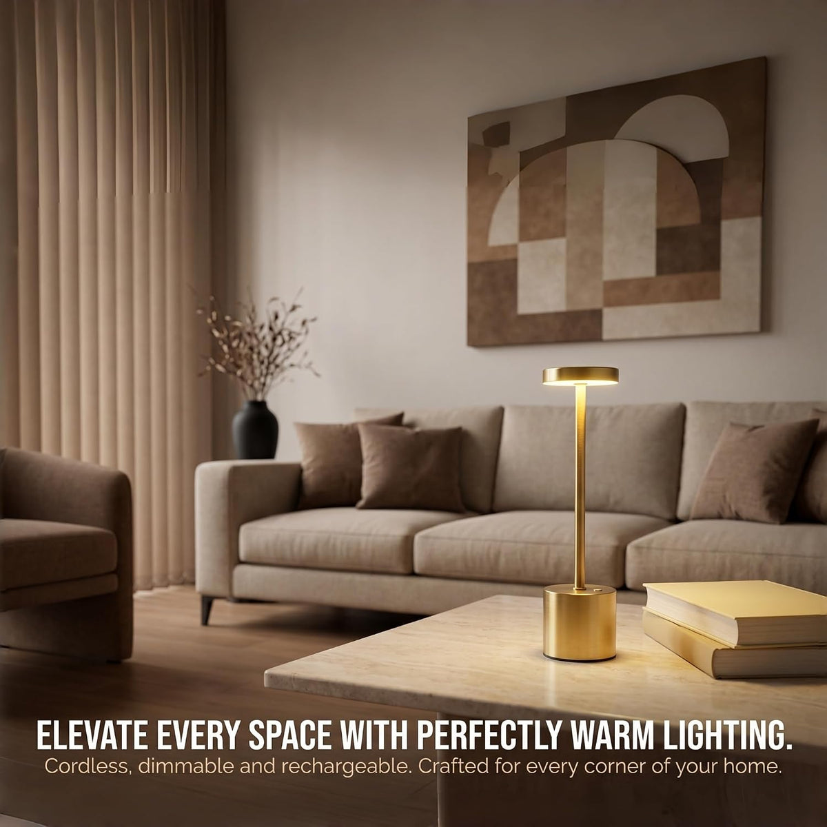 Cordless Table Lamp Set of 2, Gold Rechargeable Table Light | 5000mAh Battery Wireless 3 Color Dimmable Touch Lamp