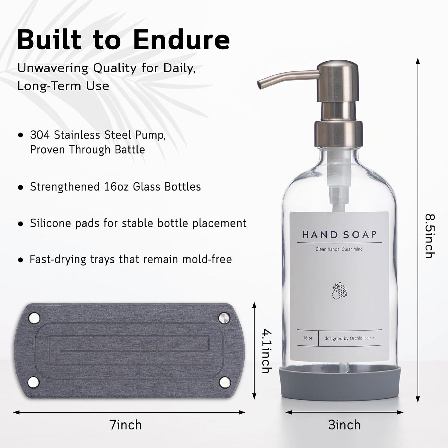 [Luxury] Kitchen Soap Dispenser Set - 16OZ Clear Glass Bottle, Stainless Steel Pump, Instant Dry Tray, Waterproof