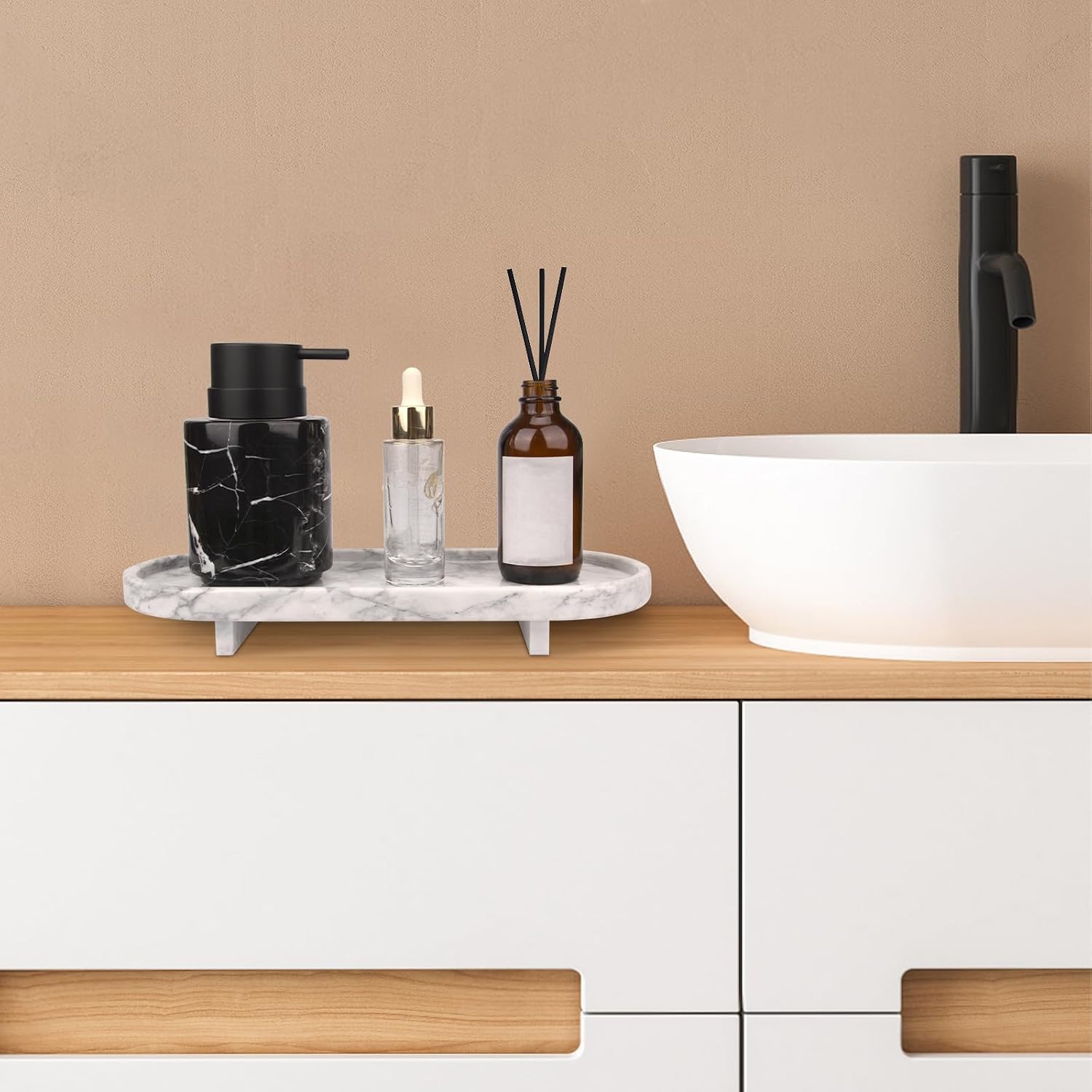 Marble Oval Bathroom Vanity Tray / White Grey with Leg
