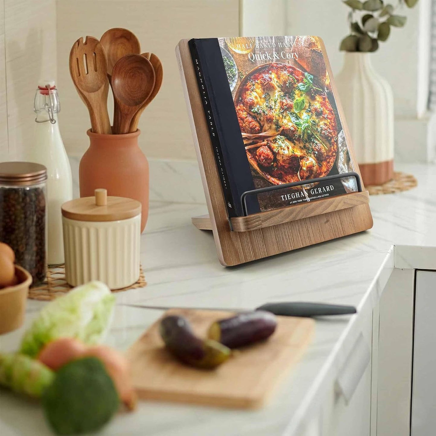 Wood Cookbook Stand Holder: Kitchen Adjustable Cookbook Holder Recipe Stand | for Counter Brown