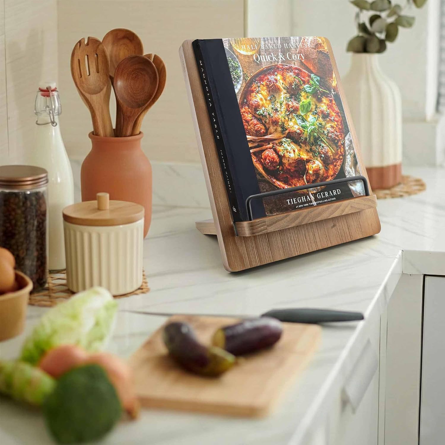 Wood Cookbook Stand Holder: Kitchen Adjustable Cookbook Holder Recipe Stand | for Counter Brown