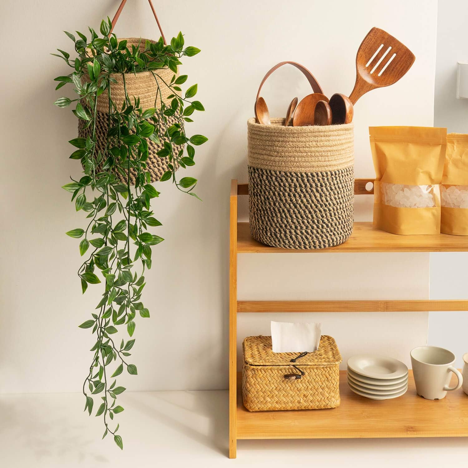 Small Woven Fern Wall Hanging Basket Flower Plants / Jute & Black / 7.87 x 7 / Set of 2