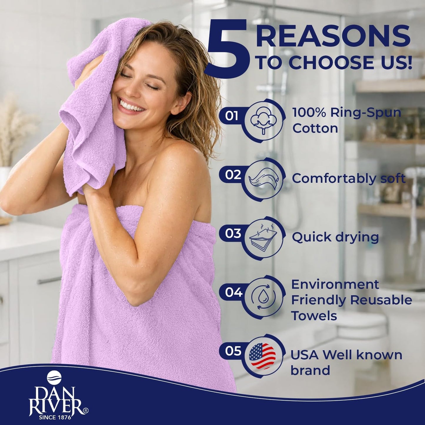 DAN RIVER 8 Piece Luxury Bath Towels for Bathroom, Towel Set, Lavendar | 2 Bath towels, 2 Hand towels, and 4 Wash
