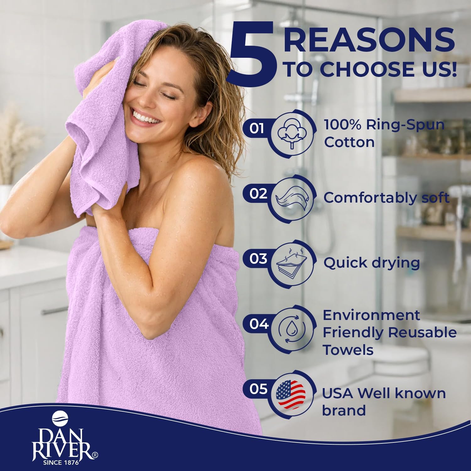 DAN RIVER 8 Piece Luxury Bath Towels for Bathroom, Towel Set, Lavendar | 2 Bath towels, 2 Hand towels, and 4 Wash