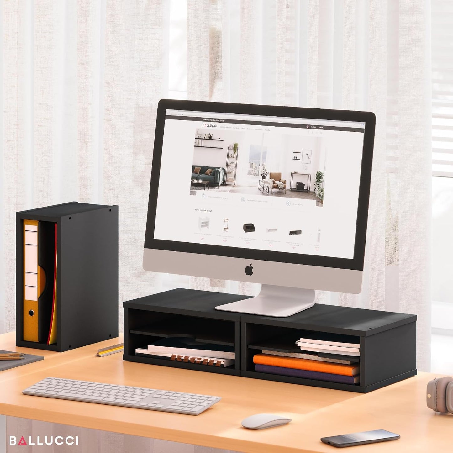 Ballucci File Organizer, 2-Tier Document Paper Sorter, Stackable Wood Desk Organizer Mail Holder, Monitor Stand with