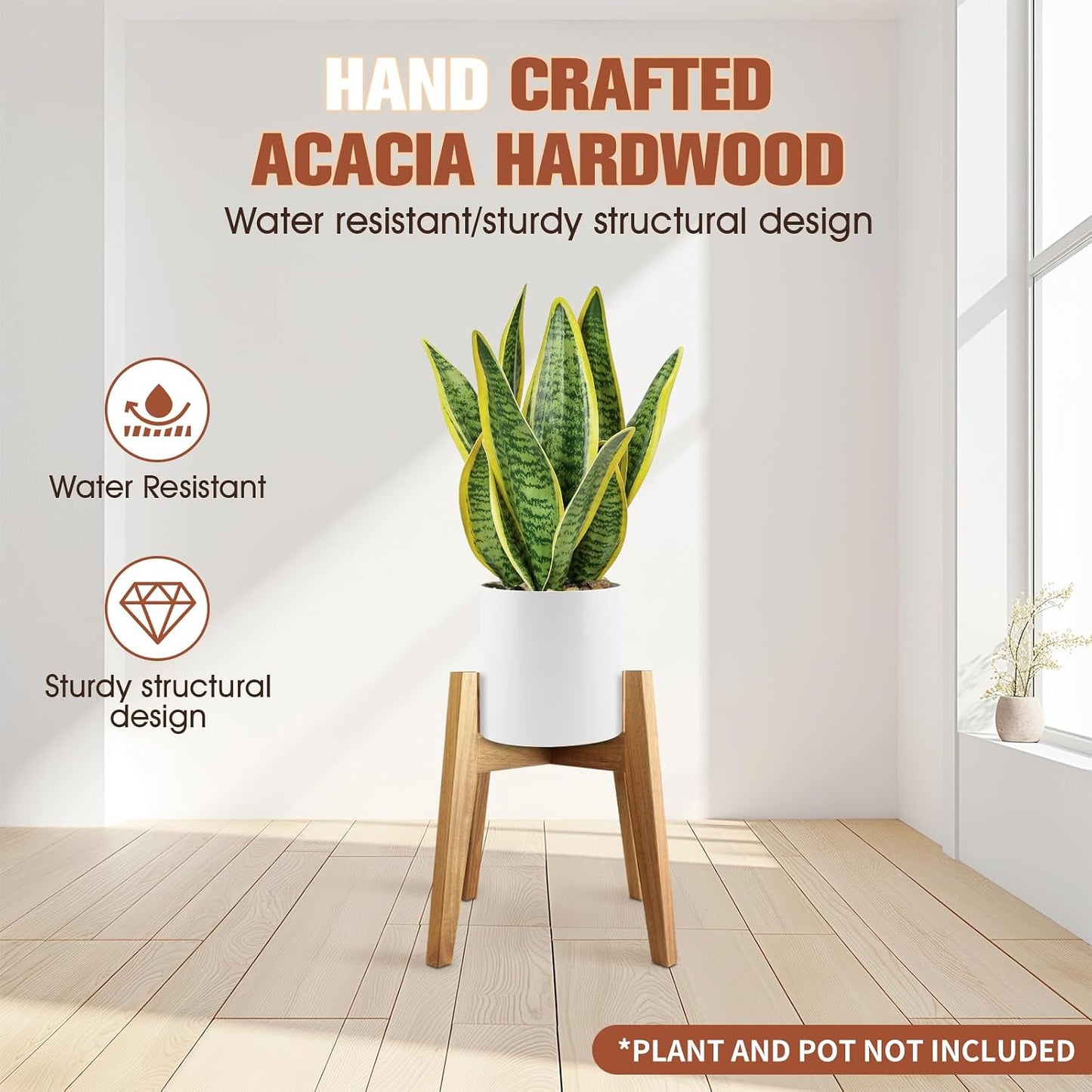 Wooden Plant Stand Indoor, Mid Century Planter Stand, Acacia Wood, 11 Inch | Furniture-grade acacia wood plant stand