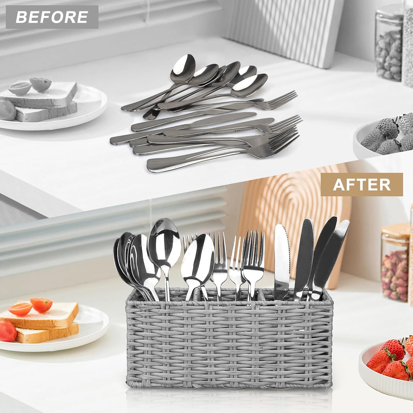 Grey Plastic Cutlery Silverware Holder Small Utensil Organizer Holders / 9.5"lx4"hx3.3"w / Gray