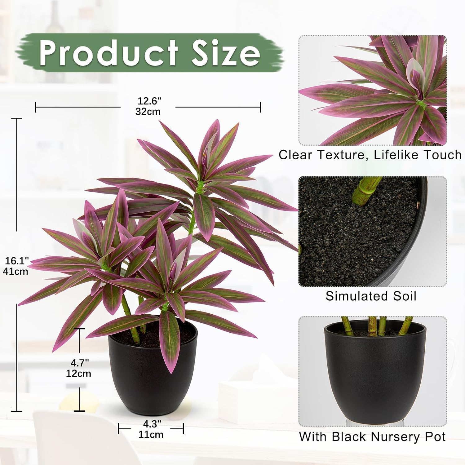 Faux Plants 16.1" Dracaena Artificial Plant Realistic Fake Plants in Pot Small Indoor Plants / Pink