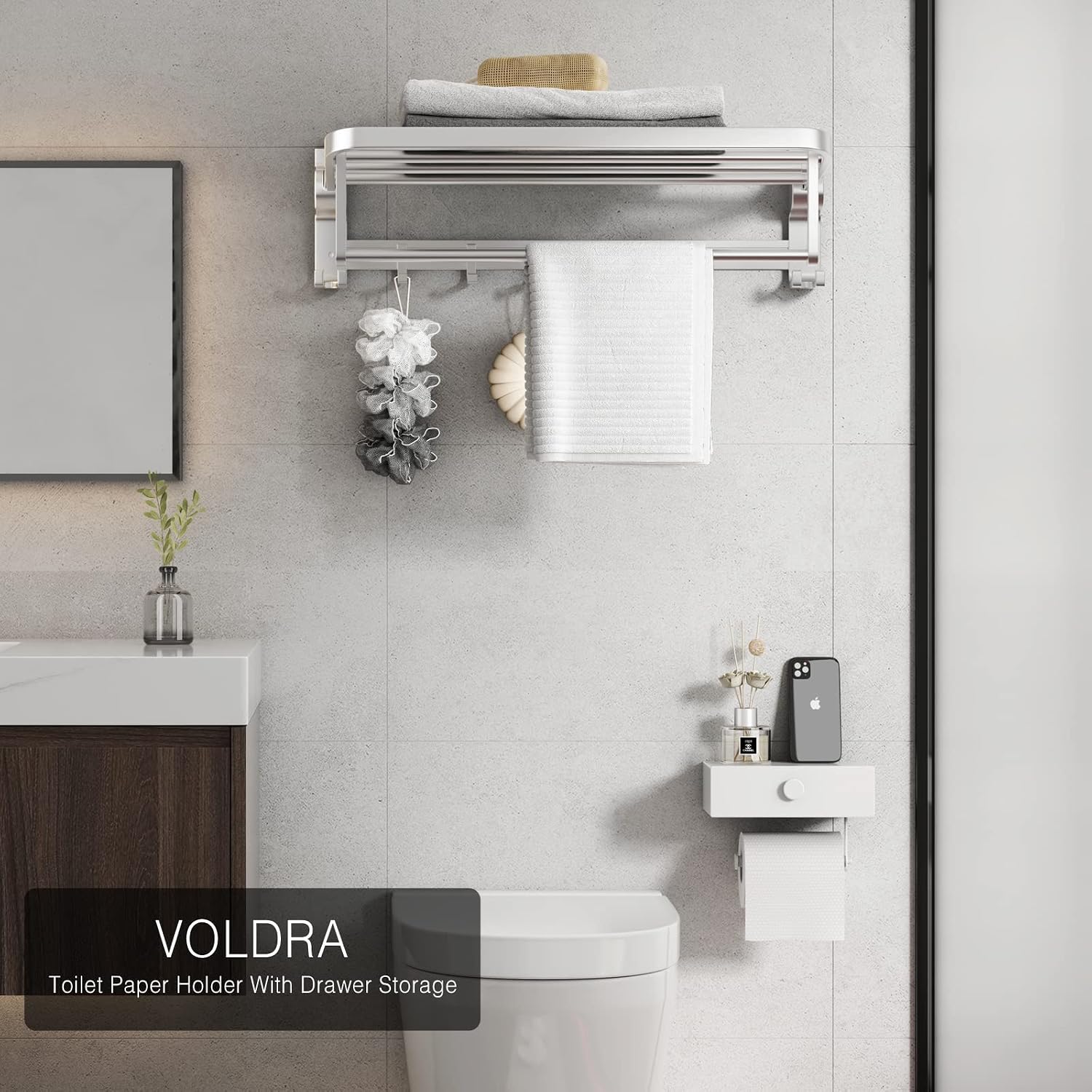 VOLDRA Toilet Paper Holder with Shelf White Wipes Dispenser for Bathroom Toilet Paper Holder with Storage Upgrade