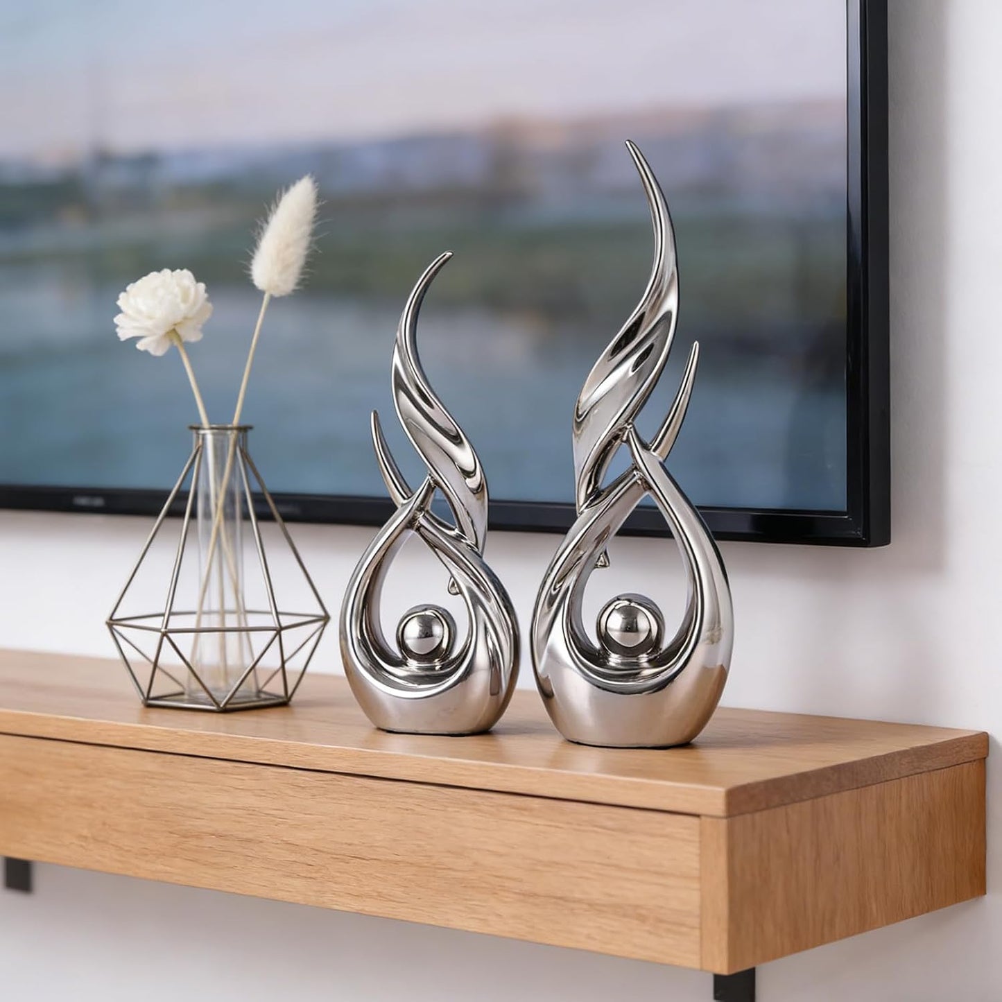 Ceramic Statues / Modern Abstract Art Sculptures / Silver / Set of 2