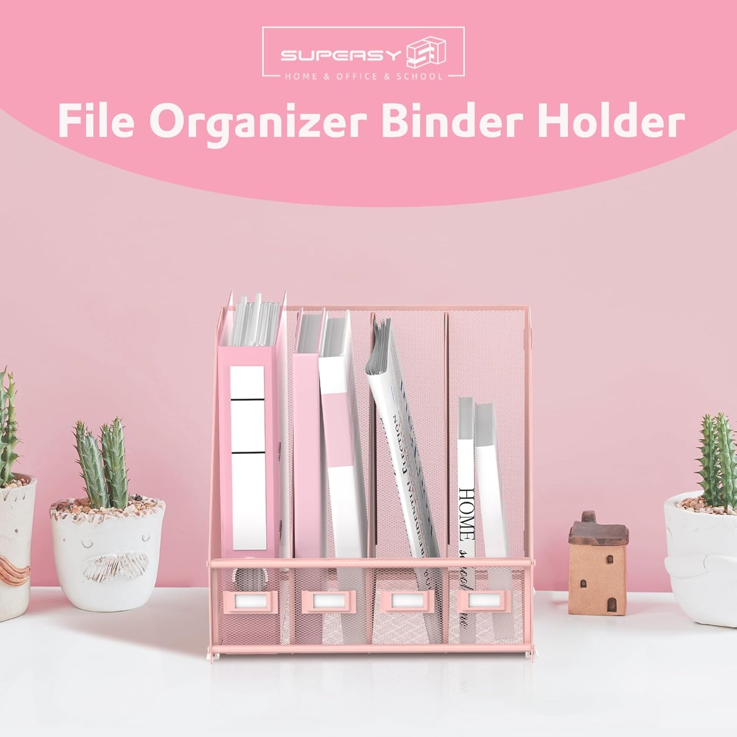 4-Compartment Magazine File Holder and File Organizer for Desk, Pink | Metal Magazine Holder and Magazine File Holder
