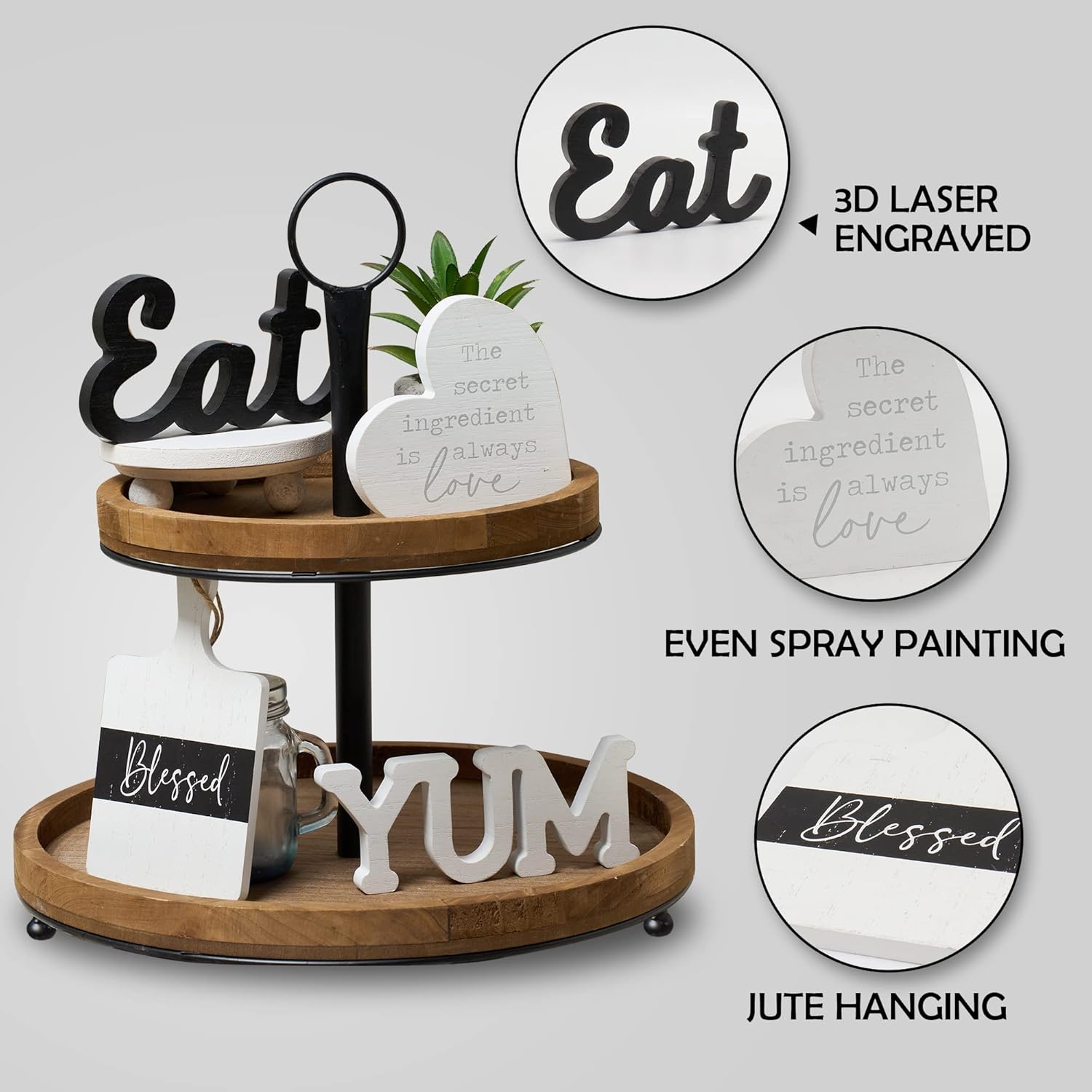GENMOUS Farmhouse Kitchen Tiered Tray Decor Items Mini Set / Brown-item