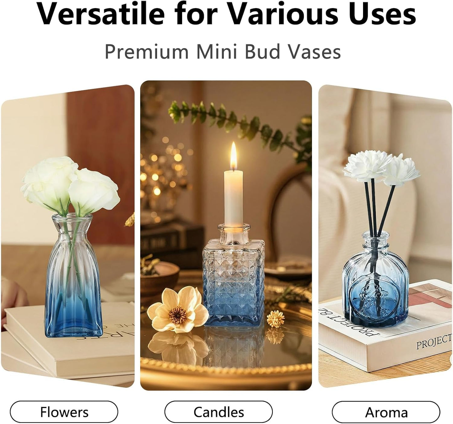 Glass Bud Vases Mini Flower Vase Small Vintage Vases for Centerpiece Table Wedding / Gradient Blue