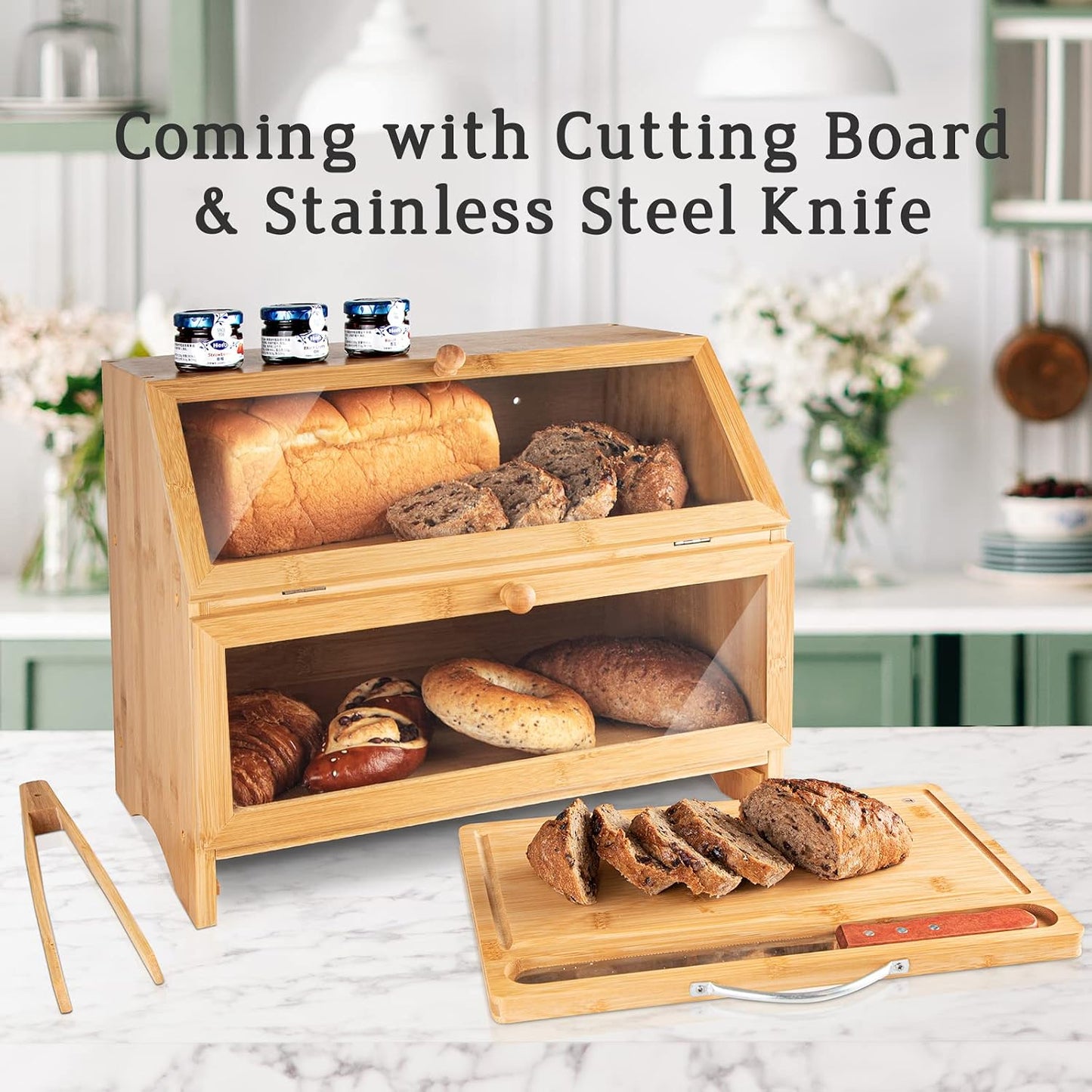 MAISONPEX Double Layer Bamboo Bread Box for Kitchen Countertop, Cutting Board, and Stainless Steel Bread Knife, Large