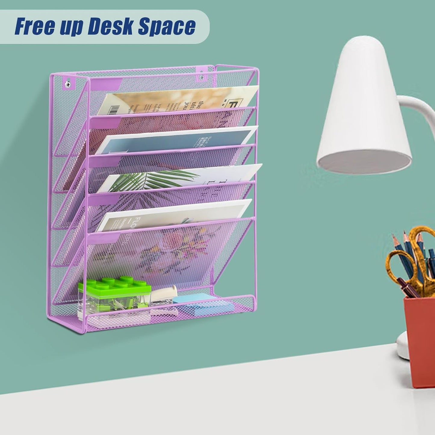 Desk File Organizer Mesh 6 Tier, Hanging Wall Mount Document Organization Stand, Desktop Vertical Mail Paper Folder