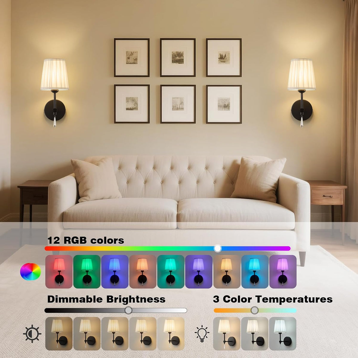 Black Battery Operated Wall Sconce,10000 Mah Rechargeable Wall Sconces set of 2 With Remote,3CCT and 12 RGB Sconces