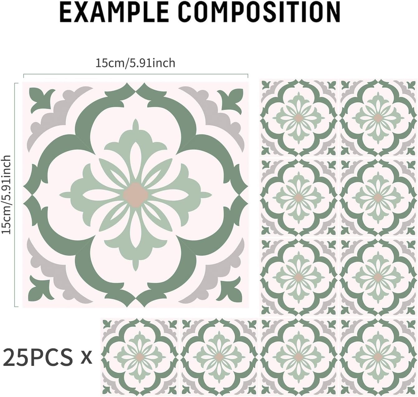 / cm Peel and Stick Vinyl Wall Tile Sticker / Fern Green / 6inch/15cmx25pcs / 6 x 6 / Set of 25