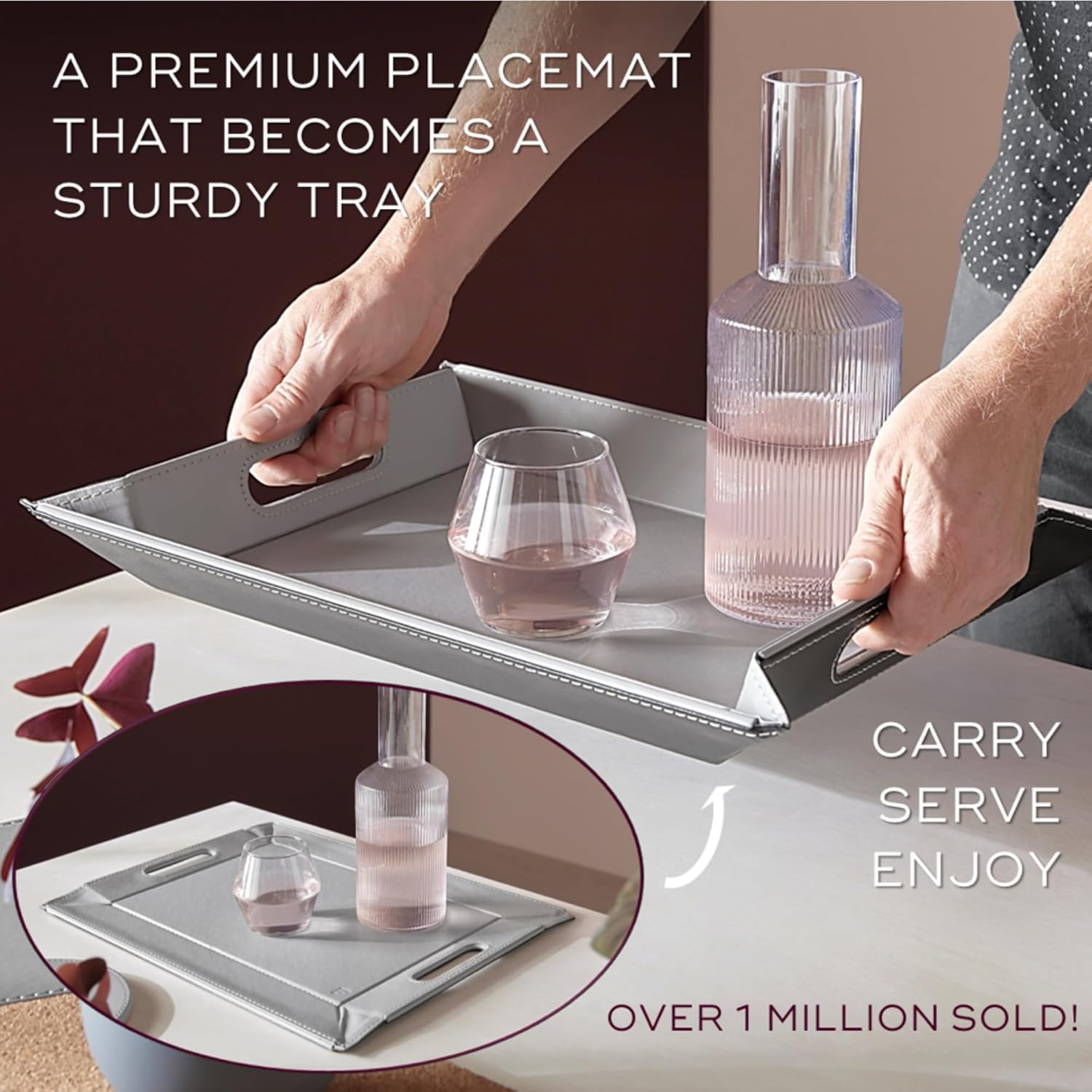 PLACEsMAT 2-in-1 Faux Leather Placemat & Serving Tray / Blue & Taupe / Set of 4