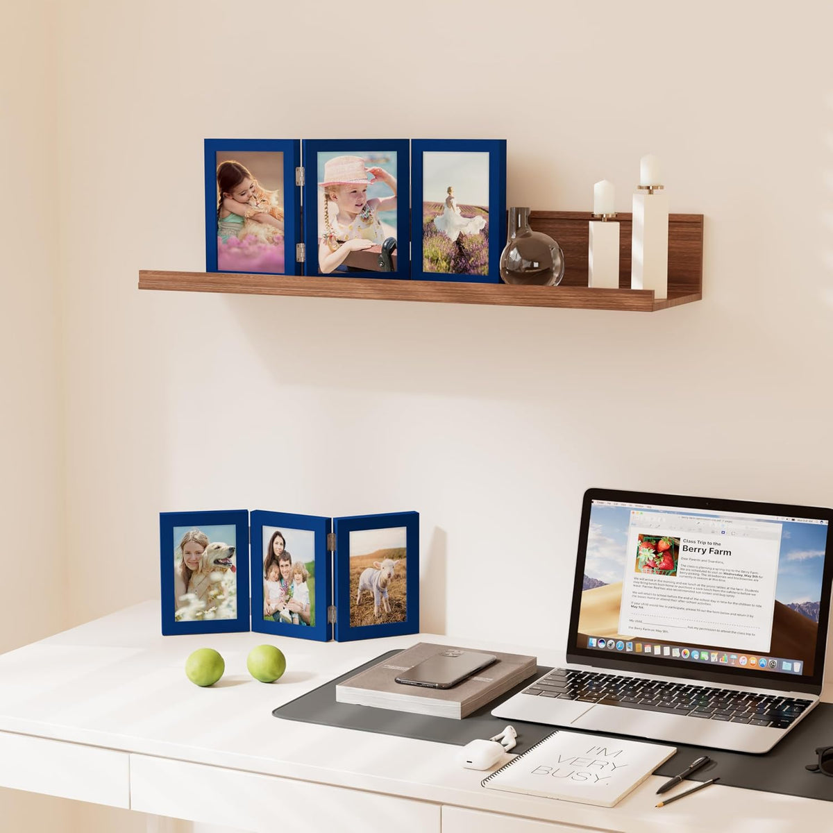 decorUhome Blue Triple 8x10 Picture Frame Vertical, MDBU08 | "Z" Shape Folding Design Engineered Wood Trifold Photo