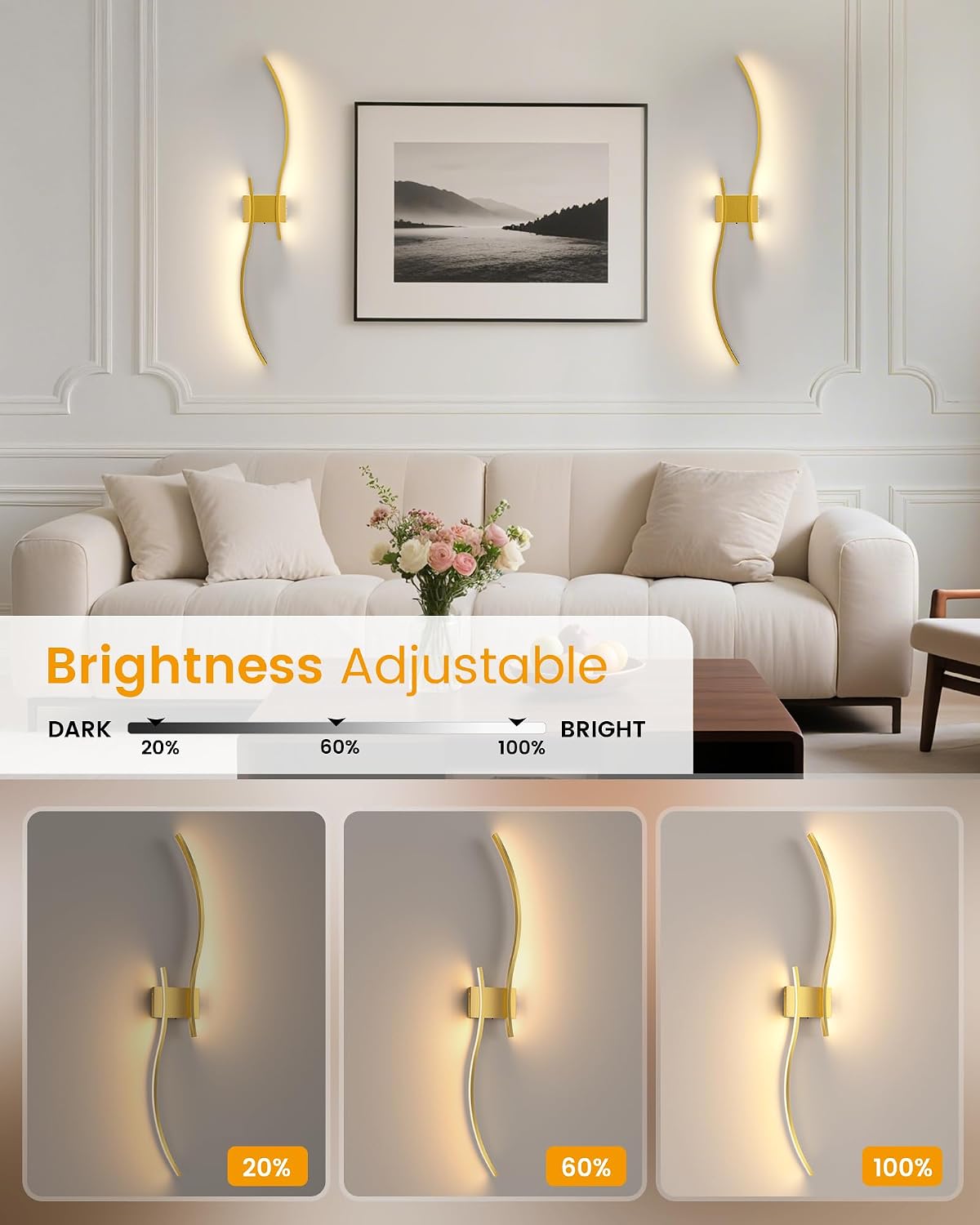 39.4 Inch Battery Operated Wall Sconce Set of 2, Gold Modern Rechargeable Wall Lights with Remote, 3CCT Dimmable