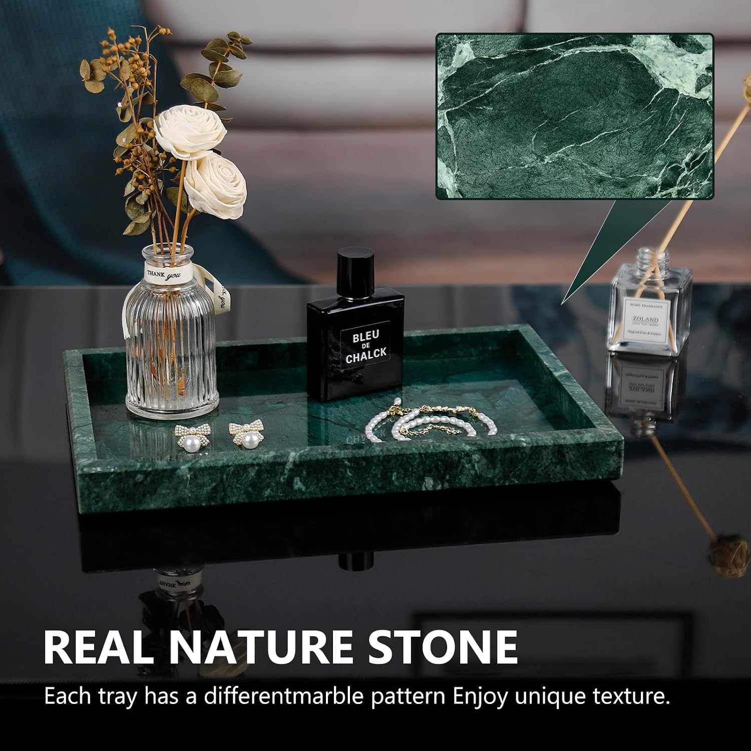 Real Natural Marble Tray / Green / 12 x 8 x 1.2
