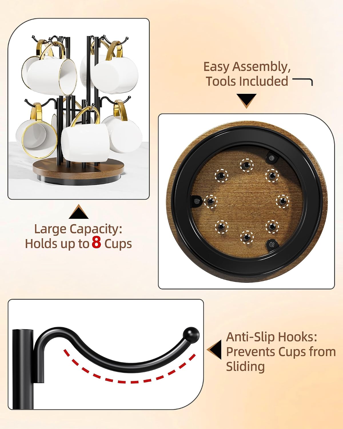 8-Hook 360° Rotating Large Coffee Mug Tree for Counter, Wood Base, Brown | 360° rotation, 8 mugs (12-16oz), 5.7"