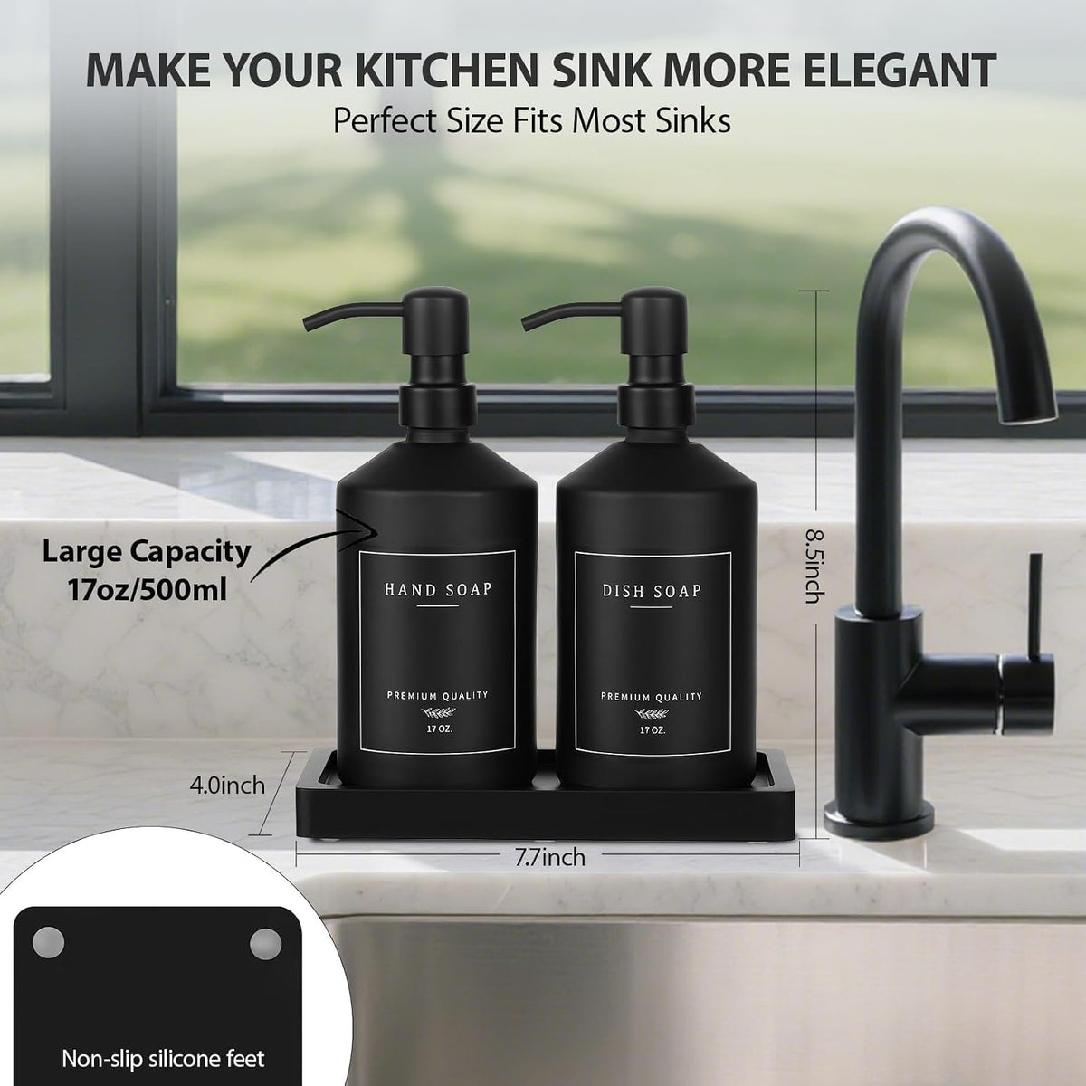Matte Black Soap Dispenser Set, 17 OZ Hand and Dish Soap Dispenser Set, Bathroom Refillable Soap and Lotion Dispenser